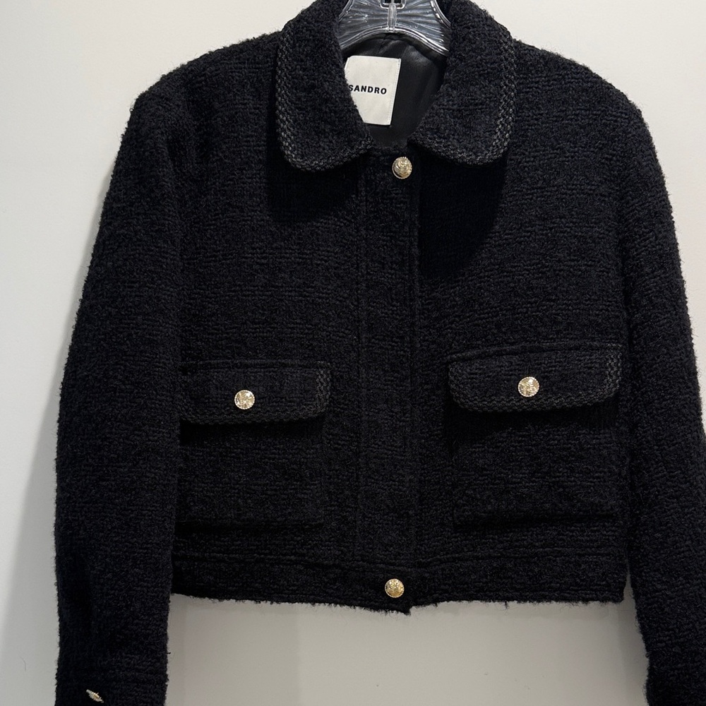 Sandro Black Textured Bouclé Cropped Jacket with Gold Buttons